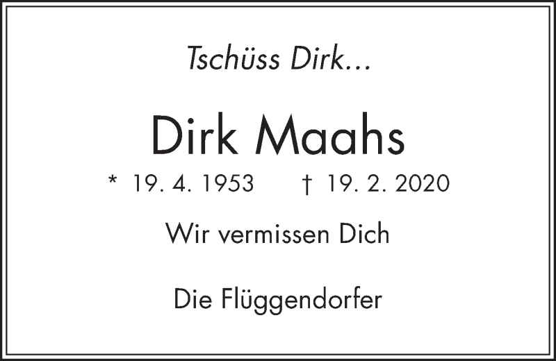  Traueranzeige für Dirk Maahs vom 07.03.2020 aus Kieler Nachrichten