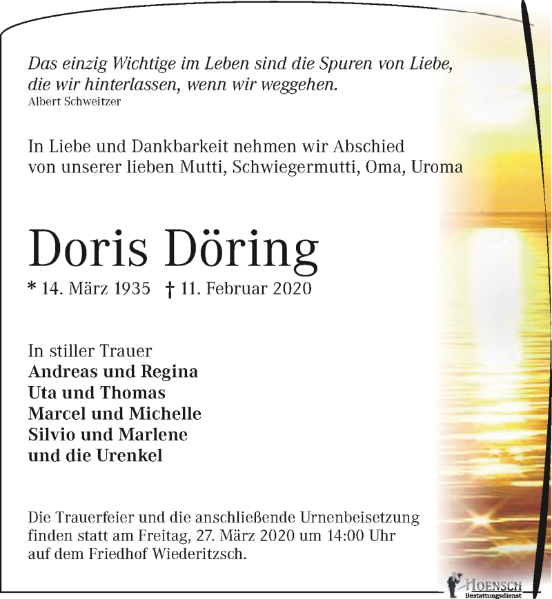  Traueranzeige für Doris Döring vom 14.03.2020 aus Leipziger Volkszeitung