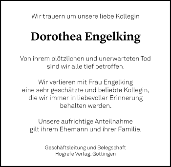 Traueranzeige von Dorothea Engelking von Göttinger Tageblatt