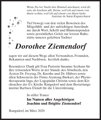 Traueranzeige von Dorothee Ziemendorf von Märkischen Allgemeine Zeitung