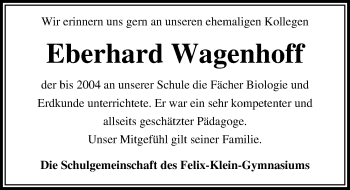 Traueranzeige von Eberhard Wagenhoff von Göttinger Tageblatt