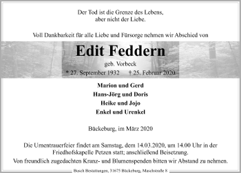 Traueranzeige von Edit Feddern von Schaumburger Nachrichten