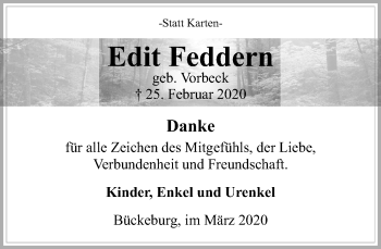 Traueranzeige von Edit Feddern von Schaumburger Nachrichten