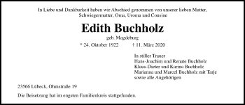 Traueranzeige von Edith Buchholz von Lübecker Nachrichten