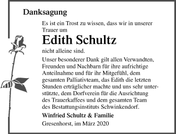 Traueranzeige von Edith Schultz von Ostsee-Zeitung GmbH