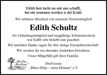 Traueranzeige von Edith Schultz von Ostsee-Zeitung GmbH