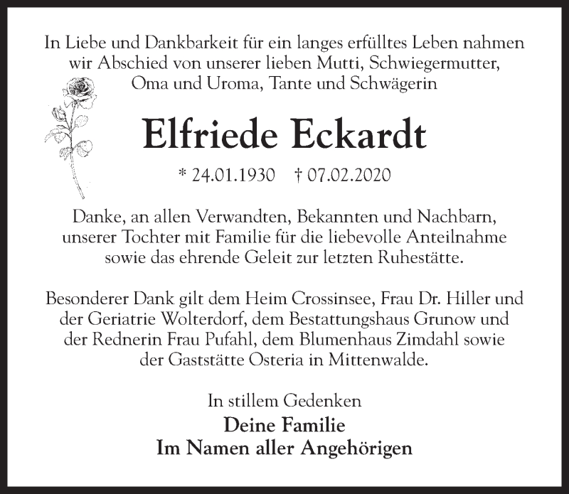  Traueranzeige für Elfriede Eckardt vom 14.03.2020 aus Märkischen Allgemeine Zeitung