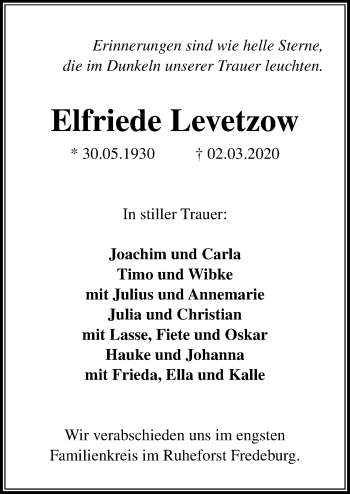 Traueranzeige von Elfriede Levetzow von Lübecker Nachrichten