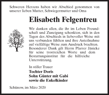 Traueranzeige von Elisabeth Felgentreu von Märkischen Allgemeine Zeitung