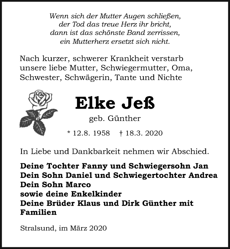  Traueranzeige für Elke Jeß vom 28.03.2020 aus Ostsee-Zeitung GmbH