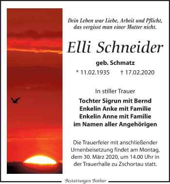 Traueranzeige von Elli Schneider von Leipziger Volkszeitung