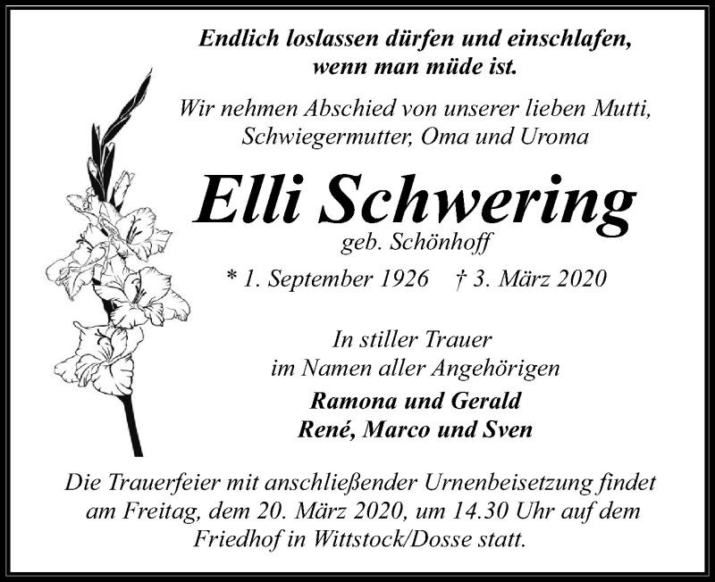  Traueranzeige für Elli Schwering vom 07.03.2020 aus Märkischen Allgemeine Zeitung