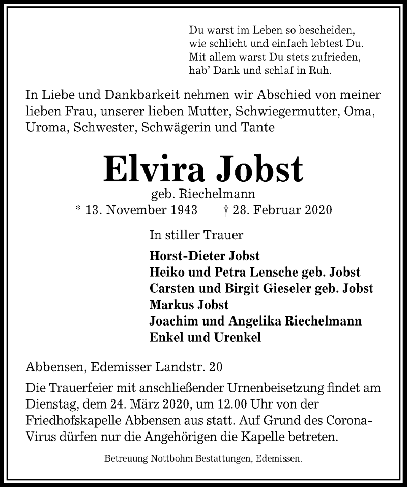  Traueranzeige für Elvira Jobst vom 20.03.2020 aus Peiner Allgemeine Zeitung