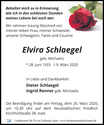 Traueranzeige von Elvira Schlaegel von Märkischen Allgemeine Zeitung