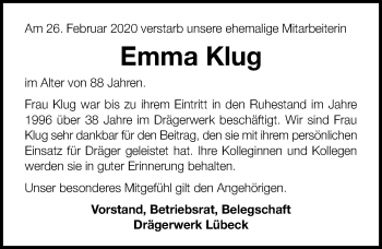 Traueranzeige von Emma Klug von Lübecker Nachrichten