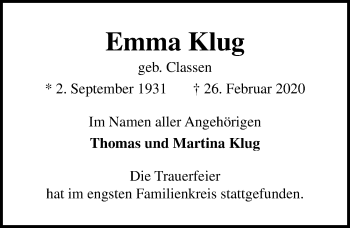 Traueranzeige von Emma Klug von Lübecker Nachrichten