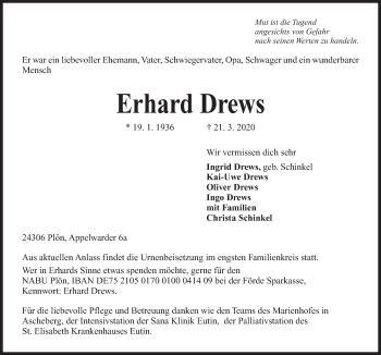 Traueranzeige von Erhard Drews von Kieler Nachrichten