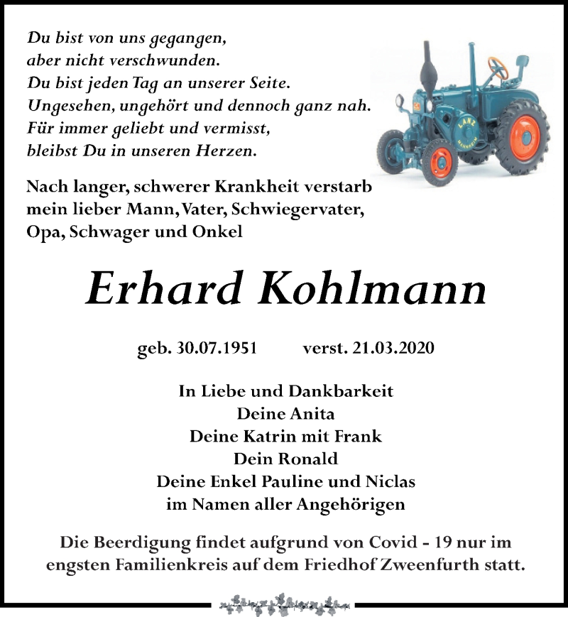  Traueranzeige für Erhard Kohlmann vom 28.03.2020 aus Leipziger Volkszeitung