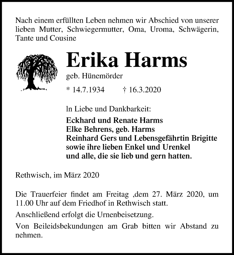  Traueranzeige für Erika Harms vom 21.03.2020 aus Ostsee-Zeitung GmbH