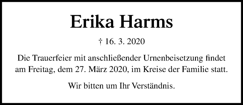  Traueranzeige für Erika Harms vom 24.03.2020 aus Ostsee-Zeitung GmbH