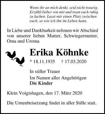 Traueranzeige von Erika Köhnke von Ostsee-Zeitung GmbH