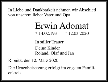 Traueranzeige von Erwin Adomat von Ostsee-Zeitung GmbH