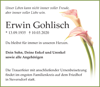 Traueranzeige von Erwin Gohlisch