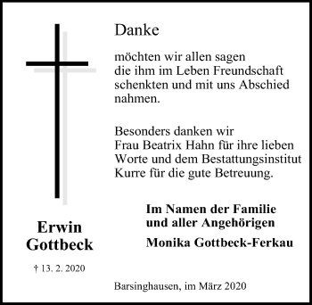 Traueranzeige von Erwin Gottbeck von Hannoversche Allgemeine Zeitung/Neue Presse