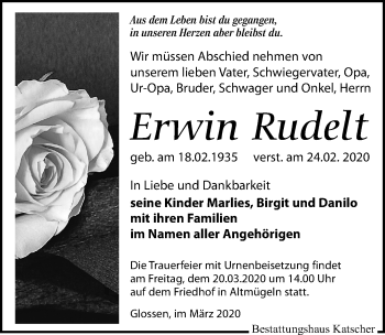 Traueranzeige von Erwin Rudelt von Leipziger Volkszeitung