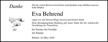 Traueranzeige von Eva Behrend von Ostsee-Zeitung GmbH