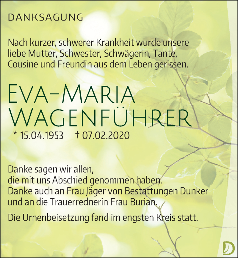  Traueranzeige für Eva-Maria Wagenführer vom 28.03.2020 aus Leipziger Volkszeitung