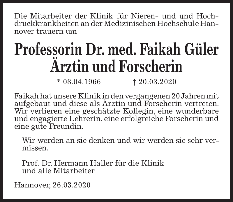  Traueranzeige für Faikah Güler vom 28.03.2020 aus Hannoversche Allgemeine Zeitung/Neue Presse