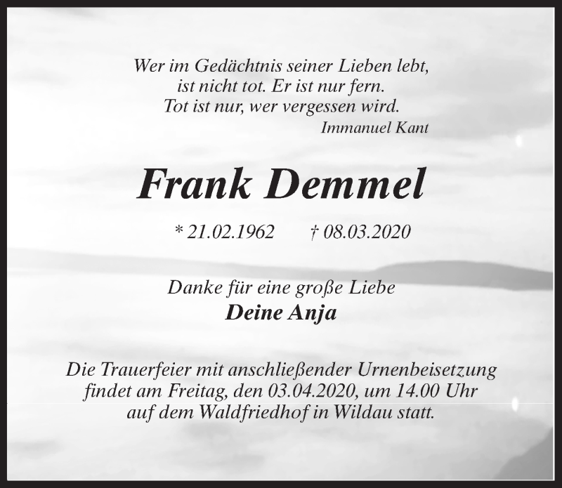  Traueranzeige für Frank Demmel vom 14.03.2020 aus Märkischen Allgemeine Zeitung