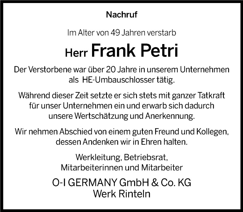  Traueranzeige für Frank Petri vom 10.03.2020 aus Schaumburger Nachrichten