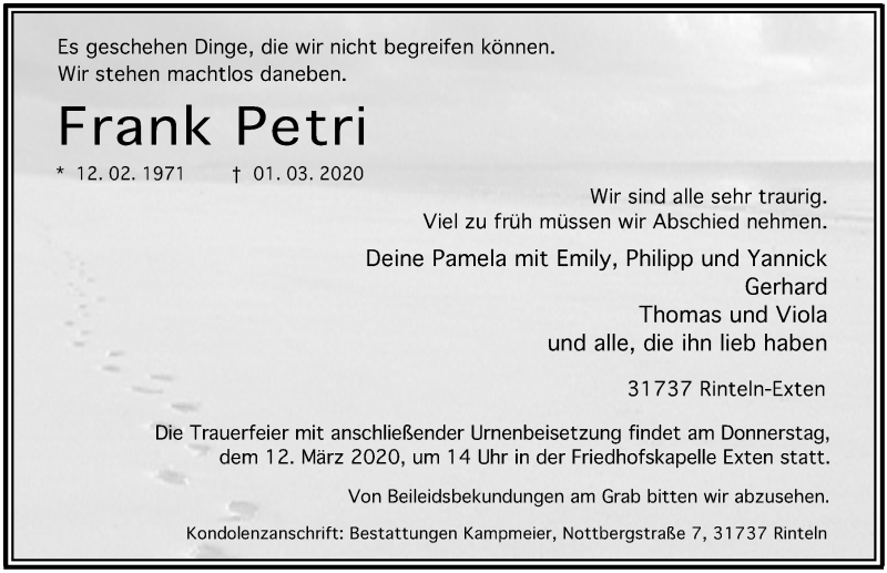  Traueranzeige für Frank Petri vom 07.03.2020 aus Schaumburger Nachrichten