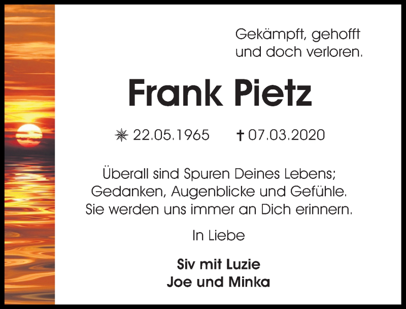  Traueranzeige für Frank Pietz vom 11.03.2020 aus Aller Zeitung