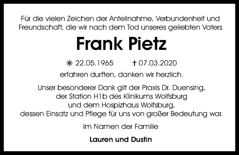  Traueranzeige für Frank Pietz vom 28.03.2020 aus Aller Zeitung