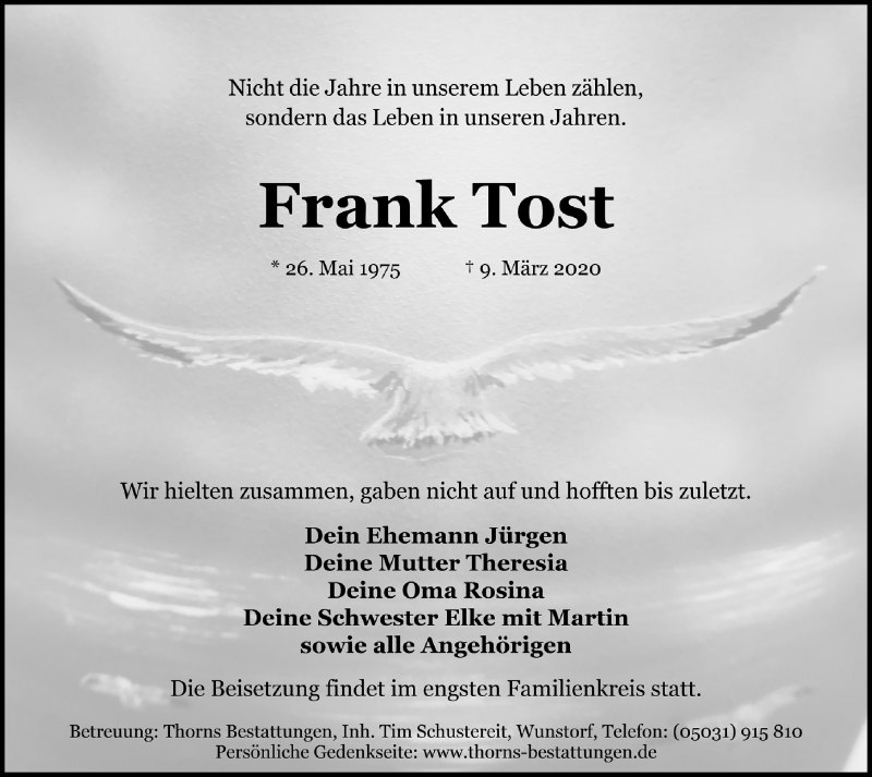  Traueranzeige für Frank Tost vom 14.03.2020 aus Hannoversche Allgemeine Zeitung/Neue Presse