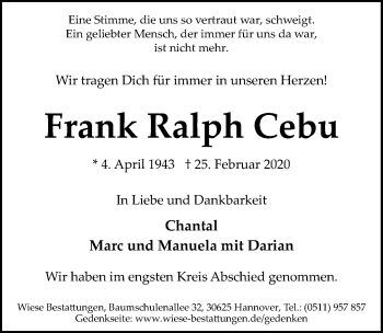 Traueranzeige von Frank Ralph Cebu von Hannoversche Allgemeine Zeitung/Neue Presse