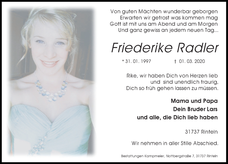  Traueranzeige für Friederike Radler vom 07.03.2020 aus Schaumburger Nachrichten