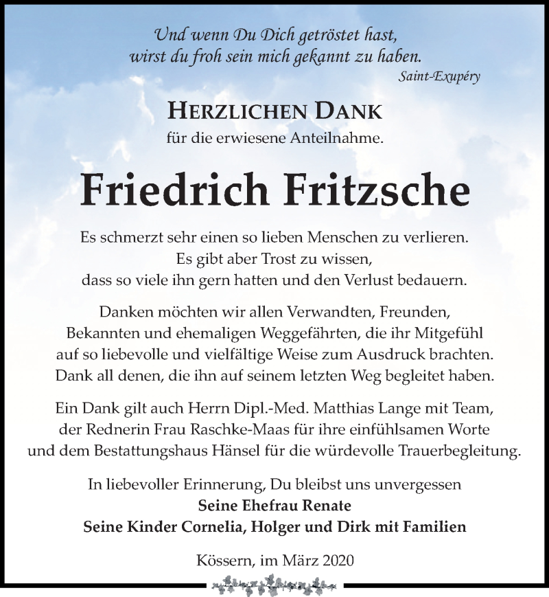  Traueranzeige für Friedrich Fritzsche vom 14.03.2020 aus Leipziger Volkszeitung