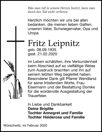 Traueranzeige von Fritz Leipnitz von Leipziger Volkszeitung