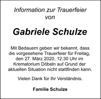 Traueranzeige von Gabriele Schulze von Leipziger Volkszeitung