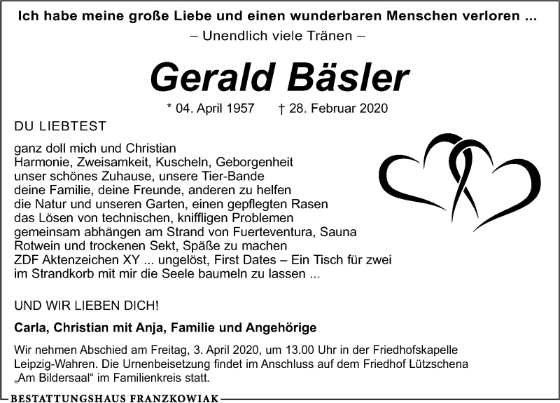  Traueranzeige für Gerald Bäsler vom 14.03.2020 aus Leipziger Volkszeitung