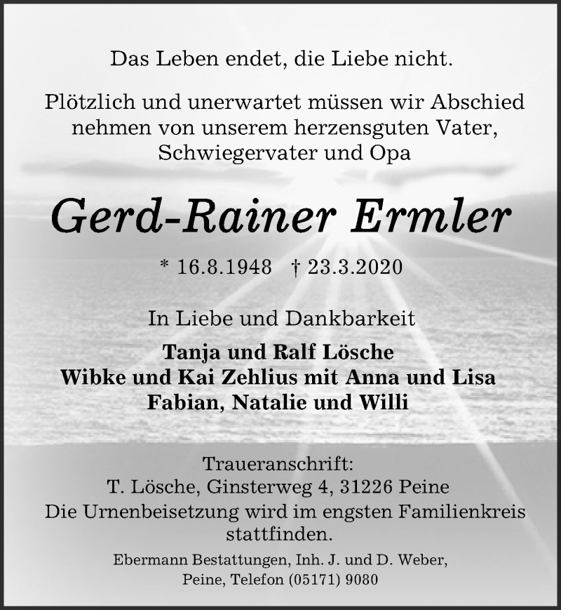  Traueranzeige für Gerd-Rainer Ermler vom 28.03.2020 aus Peiner Allgemeine Zeitung