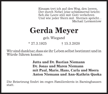 Traueranzeige von Gerda Meyer von Hannoversche Allgemeine Zeitung/Neue Presse