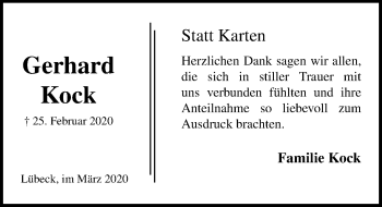 Traueranzeige von Gerhard Kock von Lübecker Nachrichten
