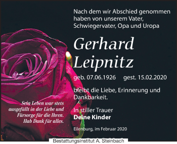 Traueranzeige von Gerhard Leipnitz von Leipziger Volkszeitung