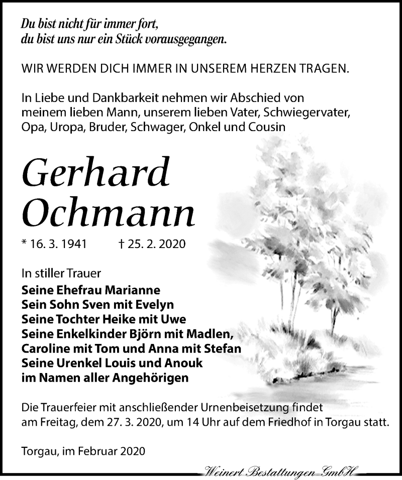  Traueranzeige für Gerhard Ochmann vom 14.03.2020 aus Torgauer Zeitung