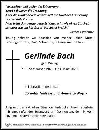 Traueranzeige von Gerlinde Bach von Märkischen Allgemeine Zeitung